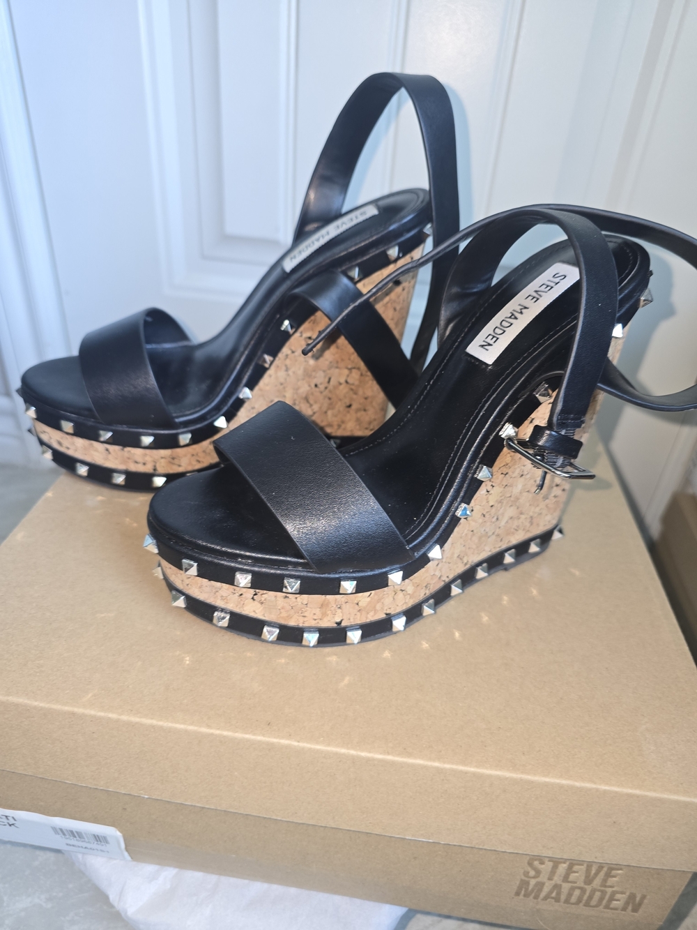 Steve Madden Black Leather and Cork Studded Wedge Sandals